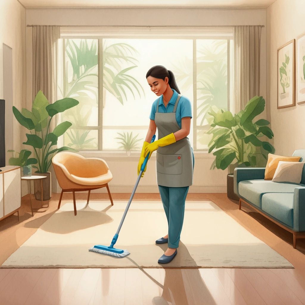 Cleaner mopping a bright living room