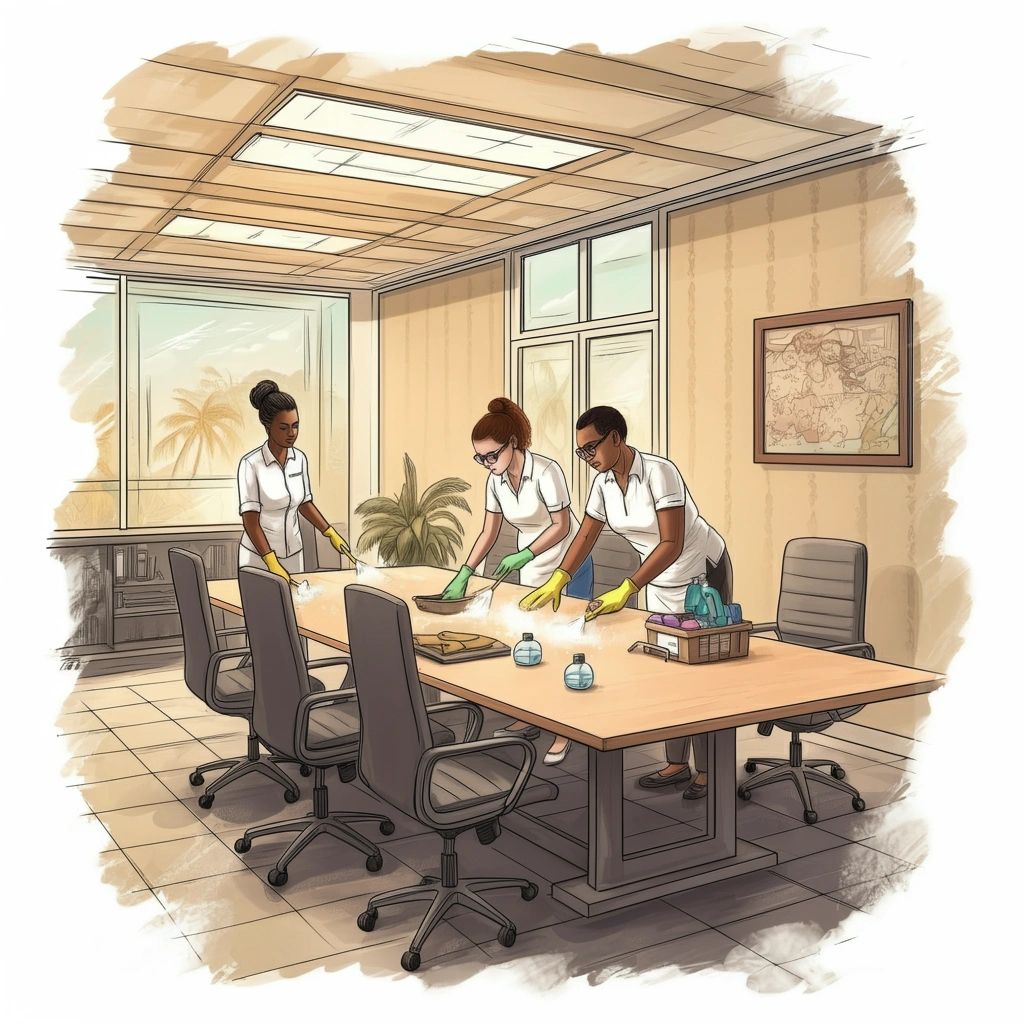 Professional cleaning team sanitizing a conference room table