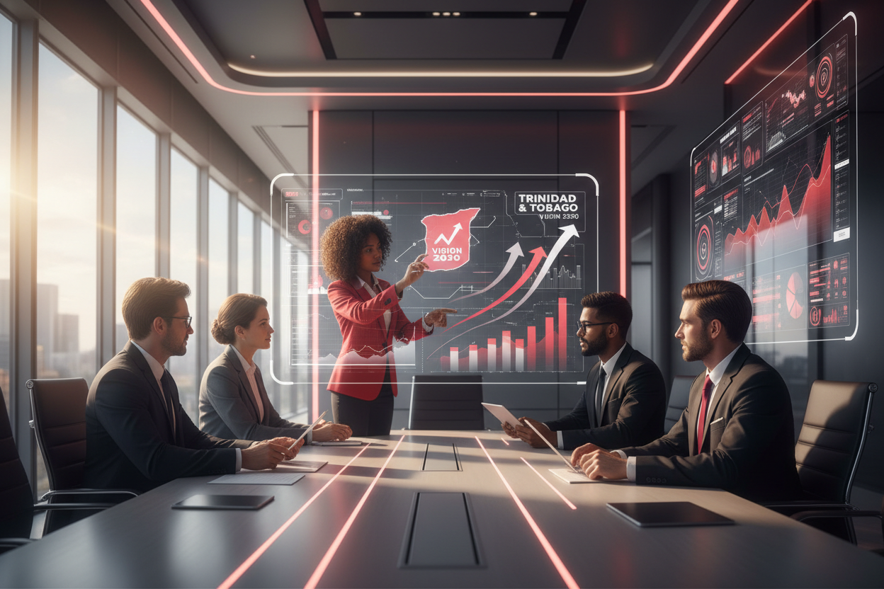 Modern Trinidadian business meeting in a bright office, diverse professionals analyzing growth charts and digital dashboards, clean corporate style, warm natural lighting, smooth gradients, professional attire, high-tech overlays, red and black accents, futuristic interface elements, sleek and inspirational