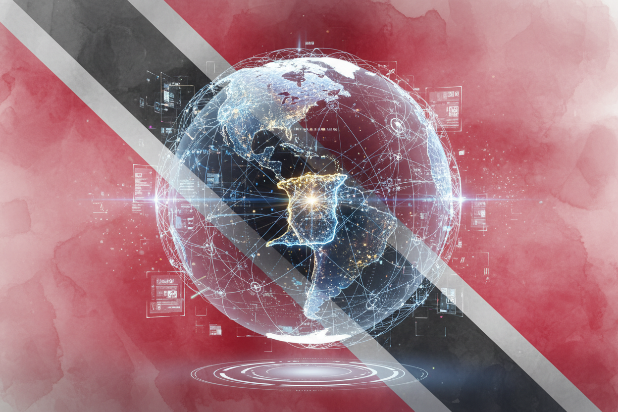 3d image of a globe high tech look trinidad island focus with the trinidad flag inspired background watercolored almost transparent. globe will have trinidad island focused with interconnected high tech look